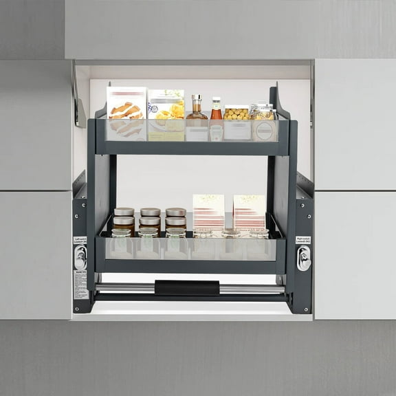 2-Tier Pull-Down Cabinet Shelf with Pneumatic Damper – Space-Saving, Adjustable & Sturdy Storage Solution for Kitchen & Pantry