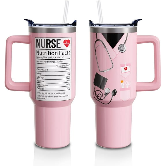 Nurse Cup Gifts for Women Girls, 40 Oz Tumbler with Handle and Straw, Nursing Practitioner Appreciation Graduation Nurse Week Insulated Stainless Steel Water Bottle 1PC
