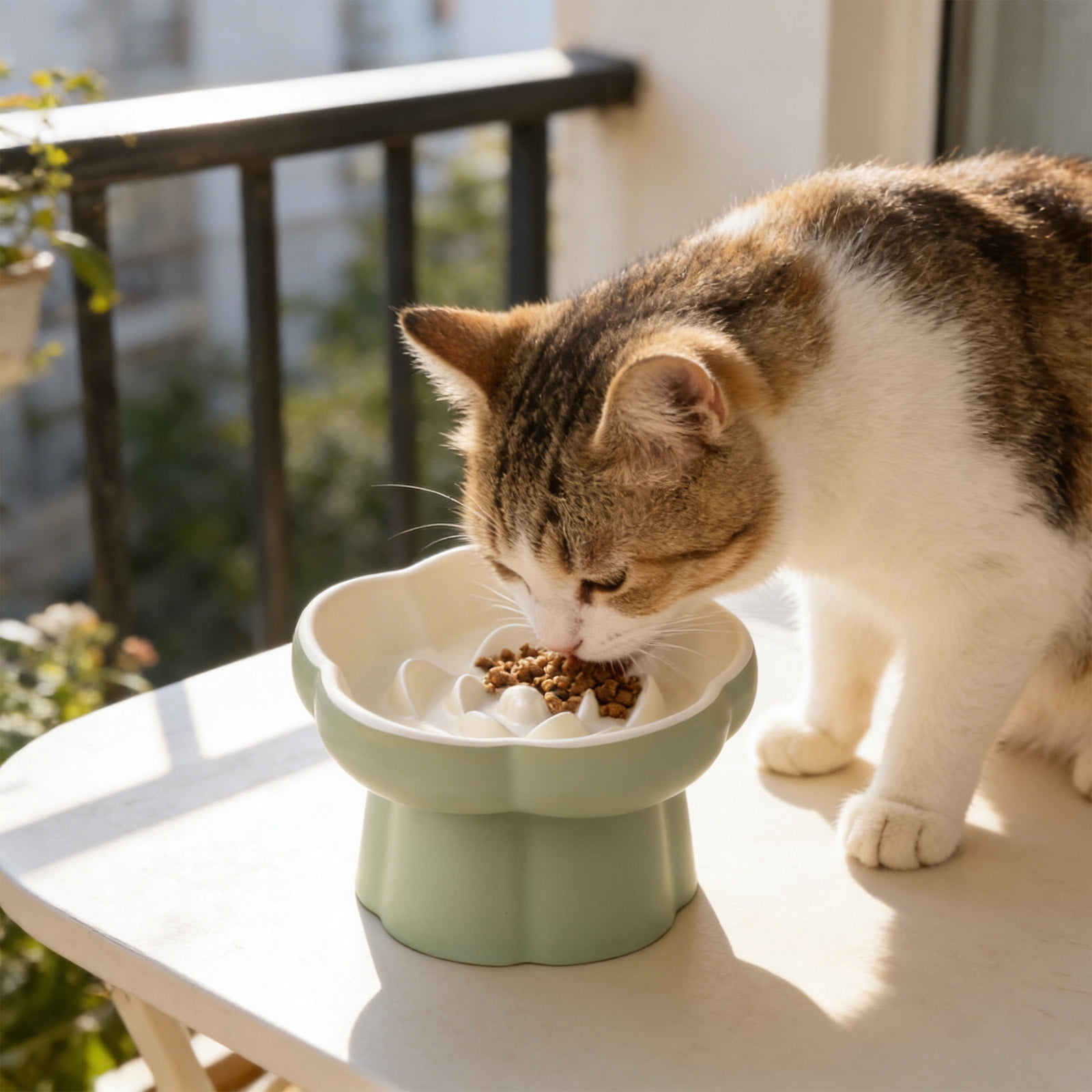 Ceramic Elevated Slow Cat Feeder, Raised Feeding Dish with Maze Design, Easy To Clean, for Indoor Cats and Small Dogs Green