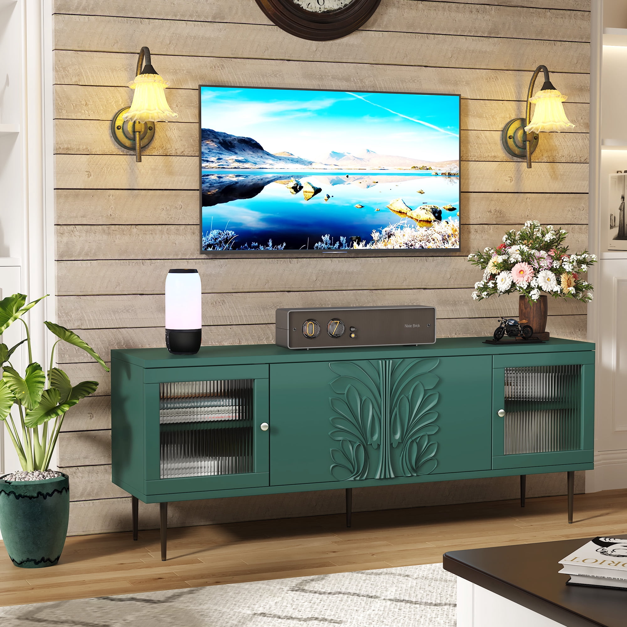 HLR 63" Modern Wood TV Stand with 3D Flower Pattern for TVs Up to 75", Entertainment Center with Storage, Green