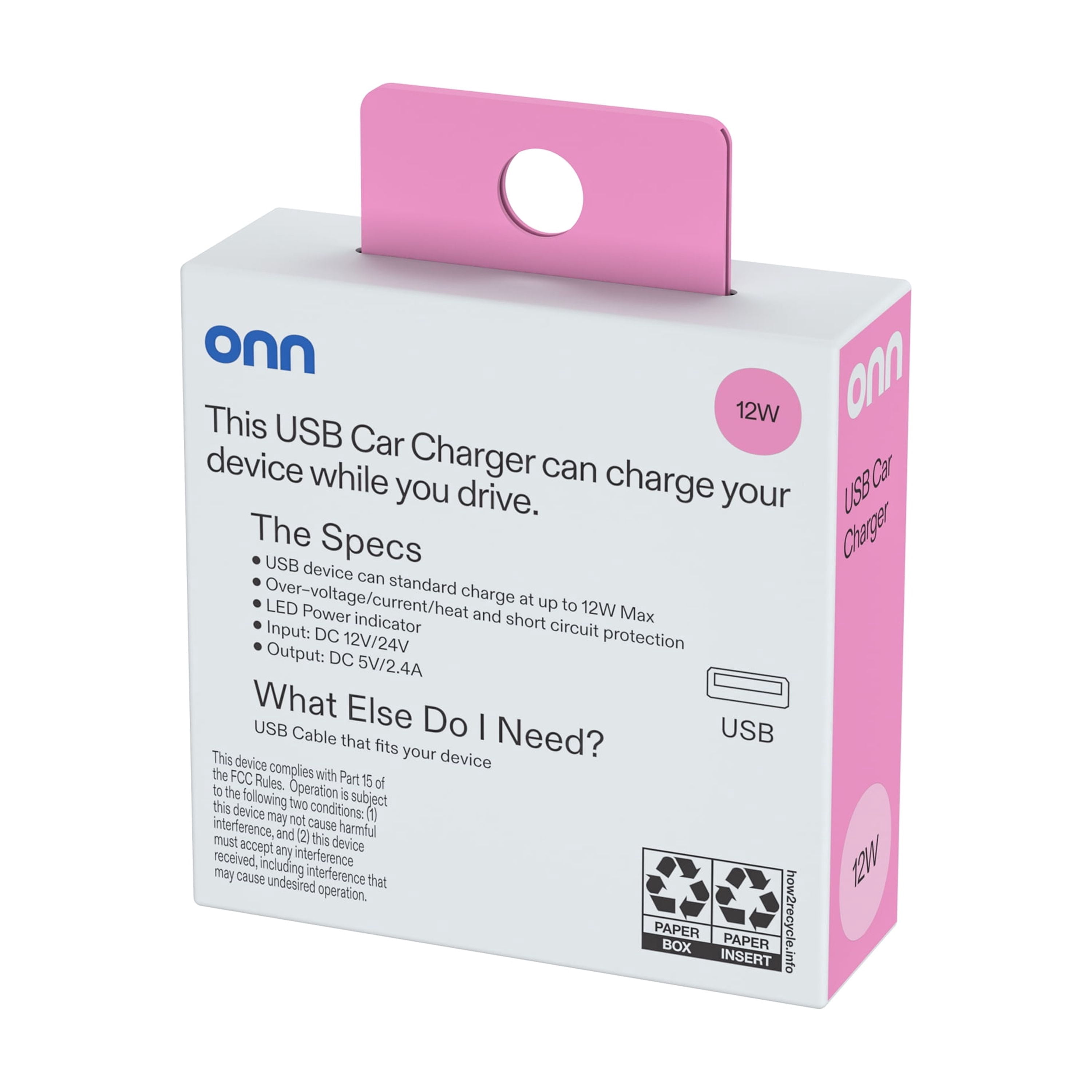 onn 12W USB-A Port Car Charger for Cigarette Lighter, Black