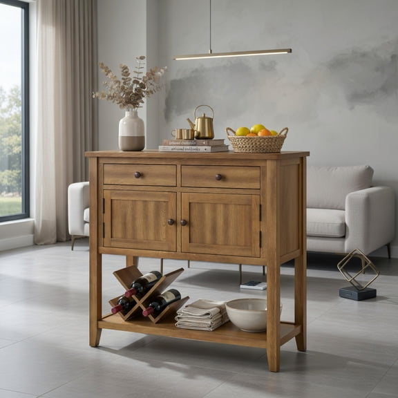 Resenkos Mid-Century Modern Walnut Wood Console Table with 2 Drawers & 2 Cabinets – Living Room Buffet Sideboard, Coffee Bar or Entryway Storage Table