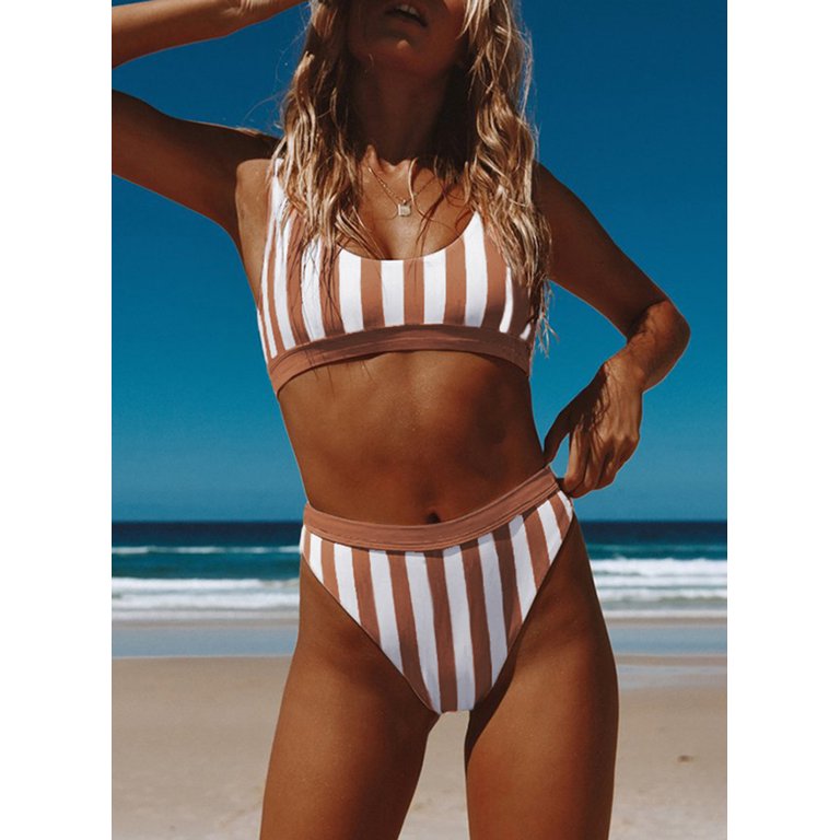 Aleumdr Brown Striped Bikini Set for Women High Waisted Cheeky Bathing  Suits Two Piece Swimsuits M - Walmart.com
