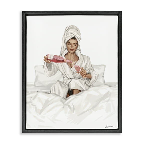 Stupell Industries Pouring Rosé Wine in Bed People Painting Black Floater Framed Canvas Art Print Wall Art, 17 x 21