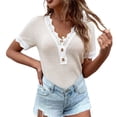 thumbnail image 1 of Camisa de punto de manga corta para mujer, cuello en V, empalme de encaje, elegante, transpirable, ajustada, camisa de punto para mujer, Top para el trabajo diario Beige XXL, 1 of 6