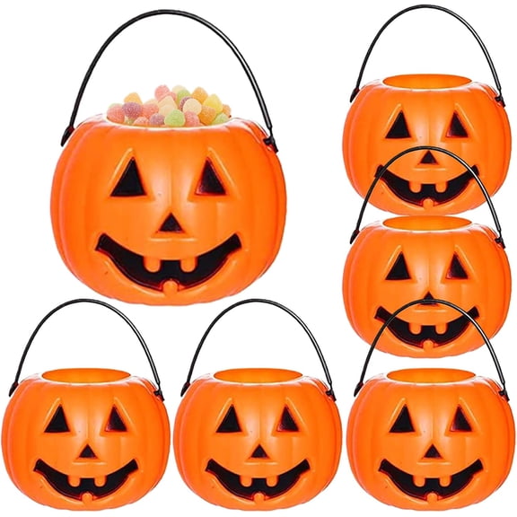 6‑Pack Portable Mini Halloween Pumpkin Bucket, Plastic Jack‑O‑Lantern Candy Holder with Handle, Great for Kids Trick‑or‑Treat, Party Favors and Holiday Table Decor