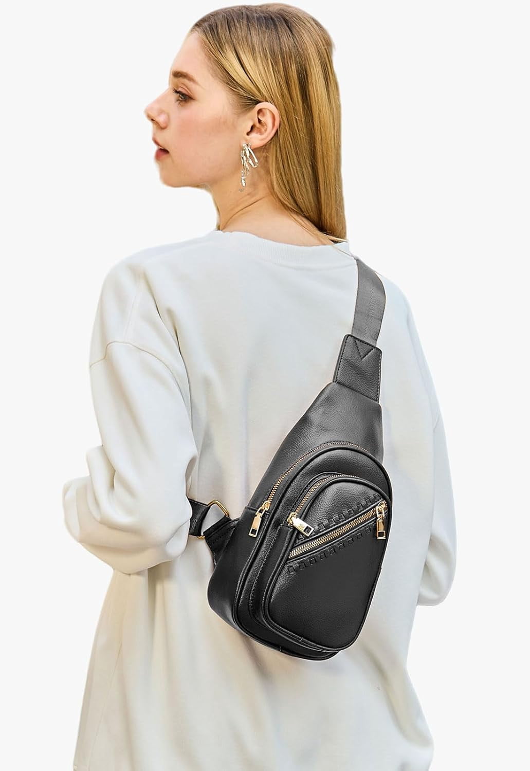 Small Sling Bag for Women, Vegan Leather Fanny Pack Crossbody Bags for Women, Chest Bag With Wide Strap