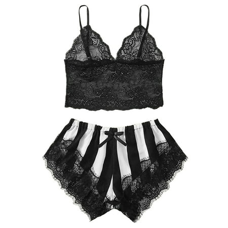 

See Through Lingerie For Women Lace Striped Suit Bow Underwear Black Bodysuit Women