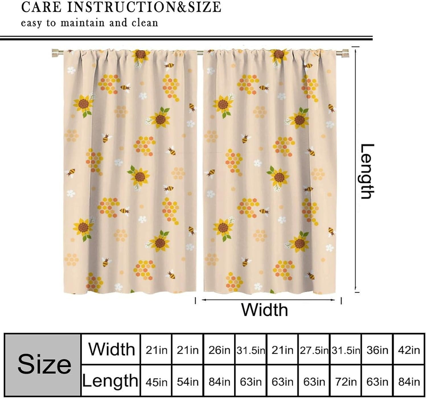 Bee Blackout Curtains Kids Bee Sunflower Honeycomb Pattern Print Living Room Curtains Boys Girls Bedroom Room Decorative Curtains 42x54 Inch