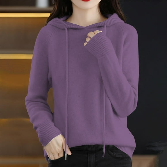 Pxiakgy Hot Sale!! Women's Fall Hoodies Sweater Knit V Neck Tops Oversized Fashion Pullover Casual Long Sleeve Knit Top Drawstring Loose Casual Warm Knit Pullover Sweater Purple Xxl