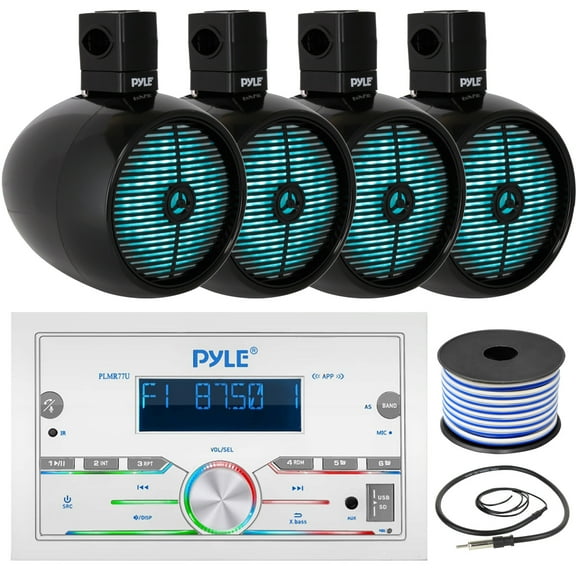 Pyle PLMR77U Double DIN AM/FM Stereo MP3 USB/AUX Bluetooth Marine Power Receiver with 2 Pairs of 8" 2-Way 480W Marine Black Wakeboard LED Tower Speakers, Wired Antenna, 18 Gauge Speaker Wire