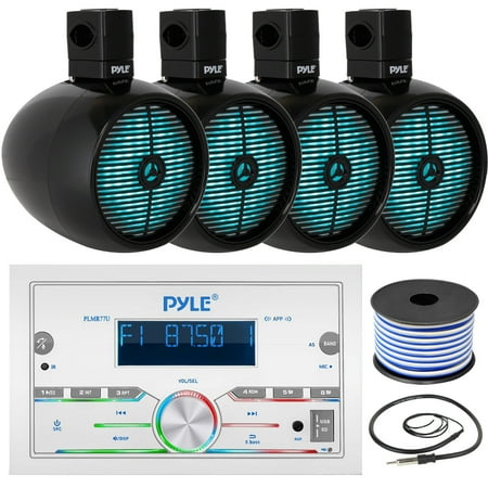 Pyle PLMR77U Double DIN AM/FM Stereo MP3 USB/AUX Bluetooth Marine Power Receiver with 2 Pairs of 8 2-Way 480W Marine Black Wakeboard LED Tower Speakers Wired Antenna 18 Gauge Speaker Wire