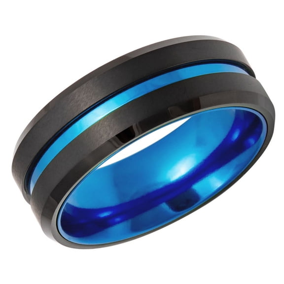 Men's Women's Tungsten Wedding Band Engagement Ring 8mm Rose Gold Plated Grooved Ring Anodized Blue Aluminum Sleeve, SZ 12