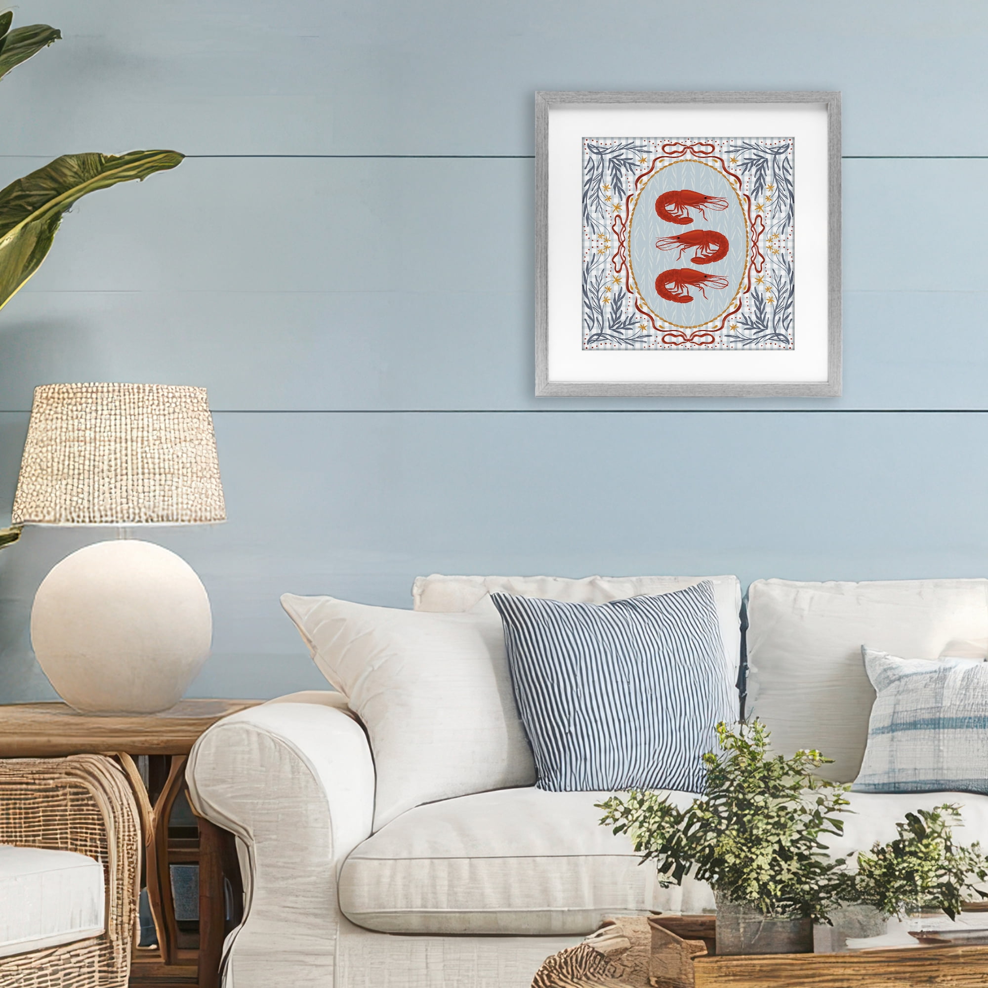 Stupell Industries Prawn Trio on Blue Gingham Gray Framed Print Under Glass, design by Vero Illustrates