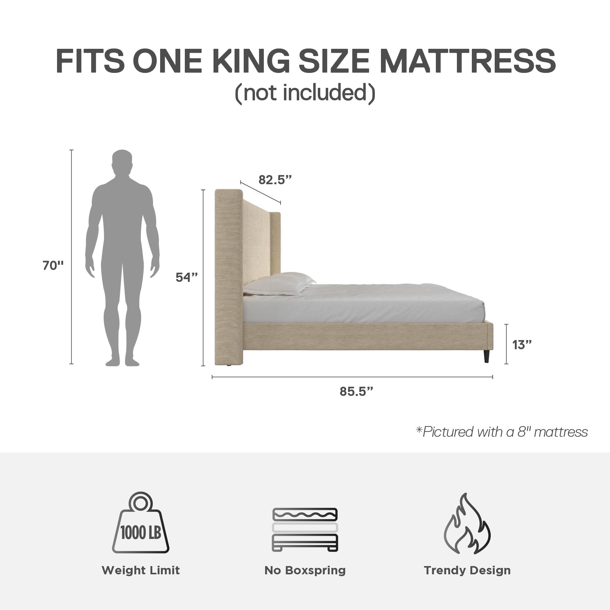 DHP Eveline Upholstered Platform Bed Frame with High Wingback Headboard, King, Textured Beige Canvas