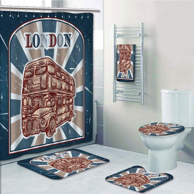 EREHome Étiquette Vintage avec Bus Anglais sur Grunge Rétro Dessiné à la Main Croquis Rouge 5 Pièce Salle de Bain Ensemble Rideau de Douche Serviette de Bain Tapis de Bain Contour Tapis et Couvercle de Toilette