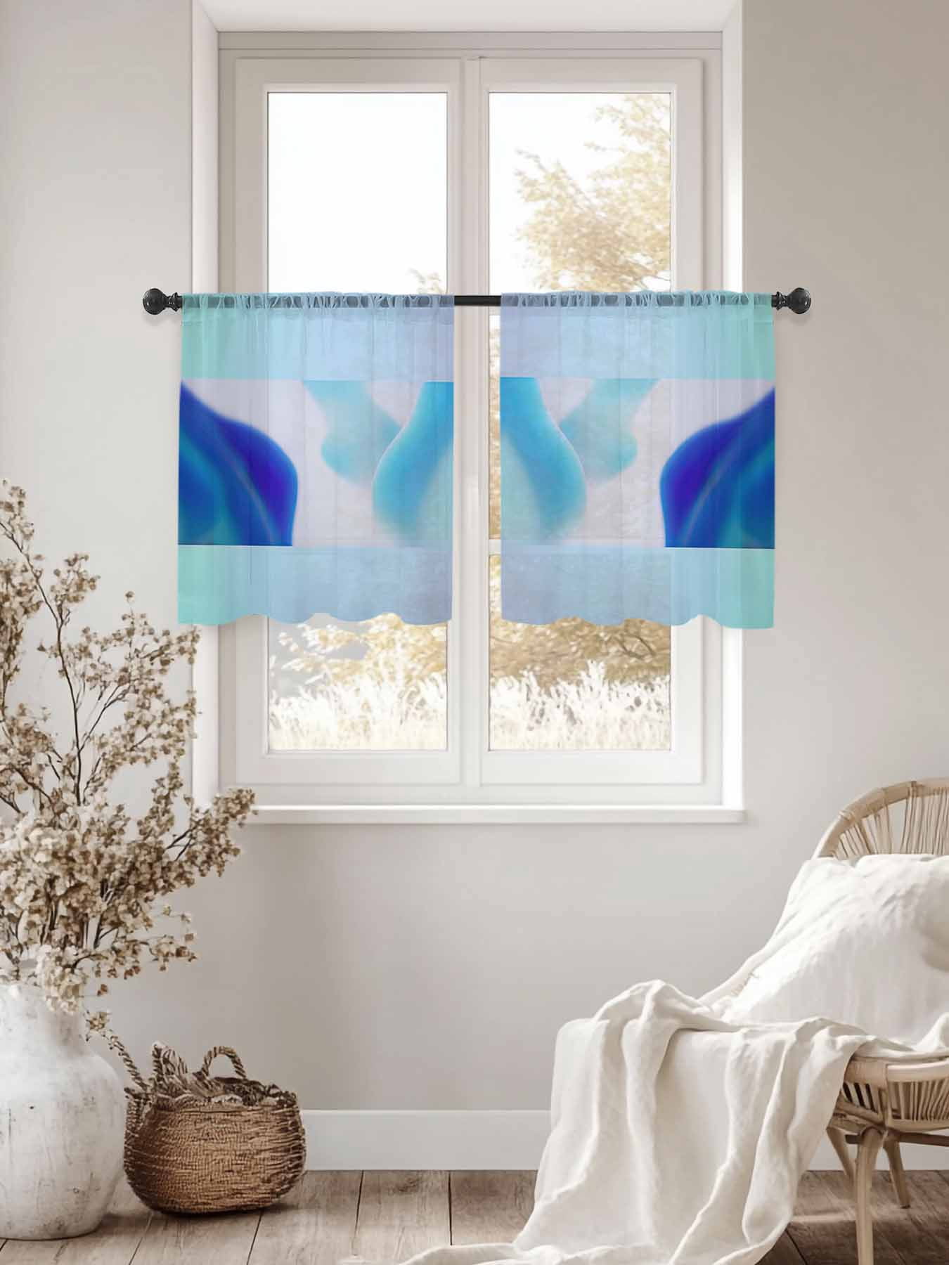 Blue Abstrac Sheer Curtains 45 inches Long 2 Panels Set Tiers Sheers Rod Pocket Small Window Short Curtains for Kitchen Cafe, Each 52" W x 45" L
