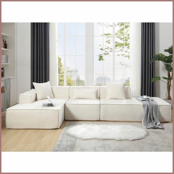 Modern Minimalist Left-Hand Facing L-Shaped Sofa Set, Terrycloth Fabric, Beige with Pillows for Living Room