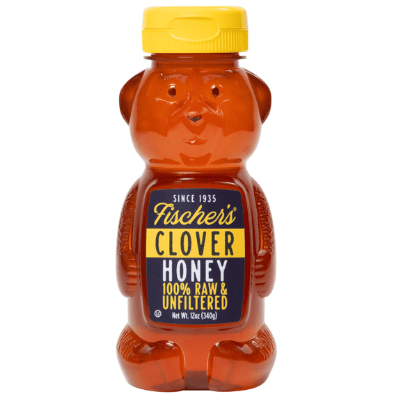 Fischer's Honey Bear 12oz, Clover Honey, Raw, Unfiltered, 100% Pure, Bear Squeeze Bottle