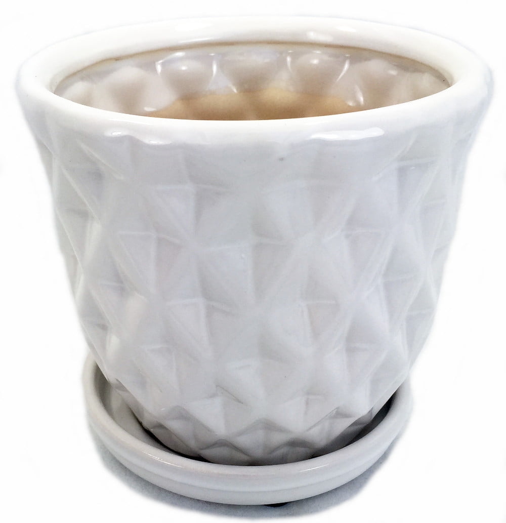 White Pineapple Glazed Ceramic Pot/Saucer 8" x 6" with Felt Feet