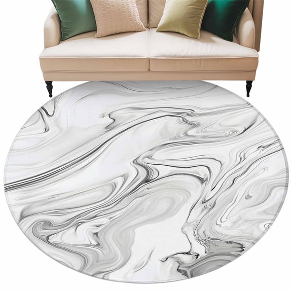 White Gray Marble Large Area Rugs for Bedroom Living Room, Soft Non Slip Carpet Bedside Rug, Modern Minimalist Abstract Texture Round Floor Cover Kitchen Accent Rug 5' for Dining Room/Office