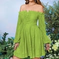 thumbnail image 5 of Lovskoo Womens 2024 Off Shoulder Summer Lace Cocktail Swing Dress Lace Up Bubble Long Sleeve Wedding Guest Party A Line Midi Dress Green, 5 of 8