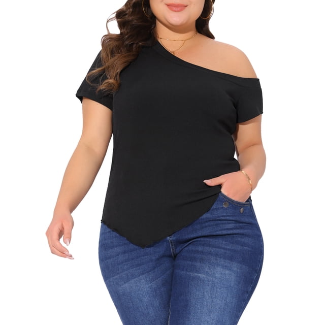 Blusas de verano para mujer de talla grande GRACE & GRANDEUR, con un hombro, manga corta, dobladillo asimétrico, casual, talla 4X, color negro