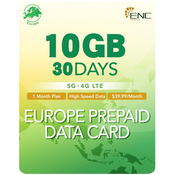 Tarjeta SIM de Europa ENC Mobile 30 días 10 GB 5G/4G LTE + ilimitado