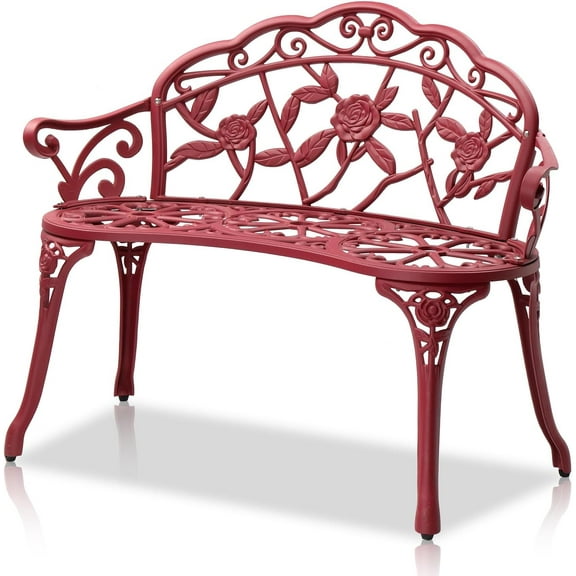 DYUKFG 38.5" Patio Park Garden Outdoor Metal Rose Bench,Cast Aluminium Frame Antique Finish Chair,Accented Lawn Front Porch Path Yard Decor Deck Furniture for 2 Person Seat(Red