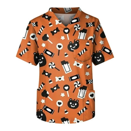 

HHei_K Halloween Scrubs Men s Short Sleeve V Neck Halloween Print Chest Pocket Carer Top
