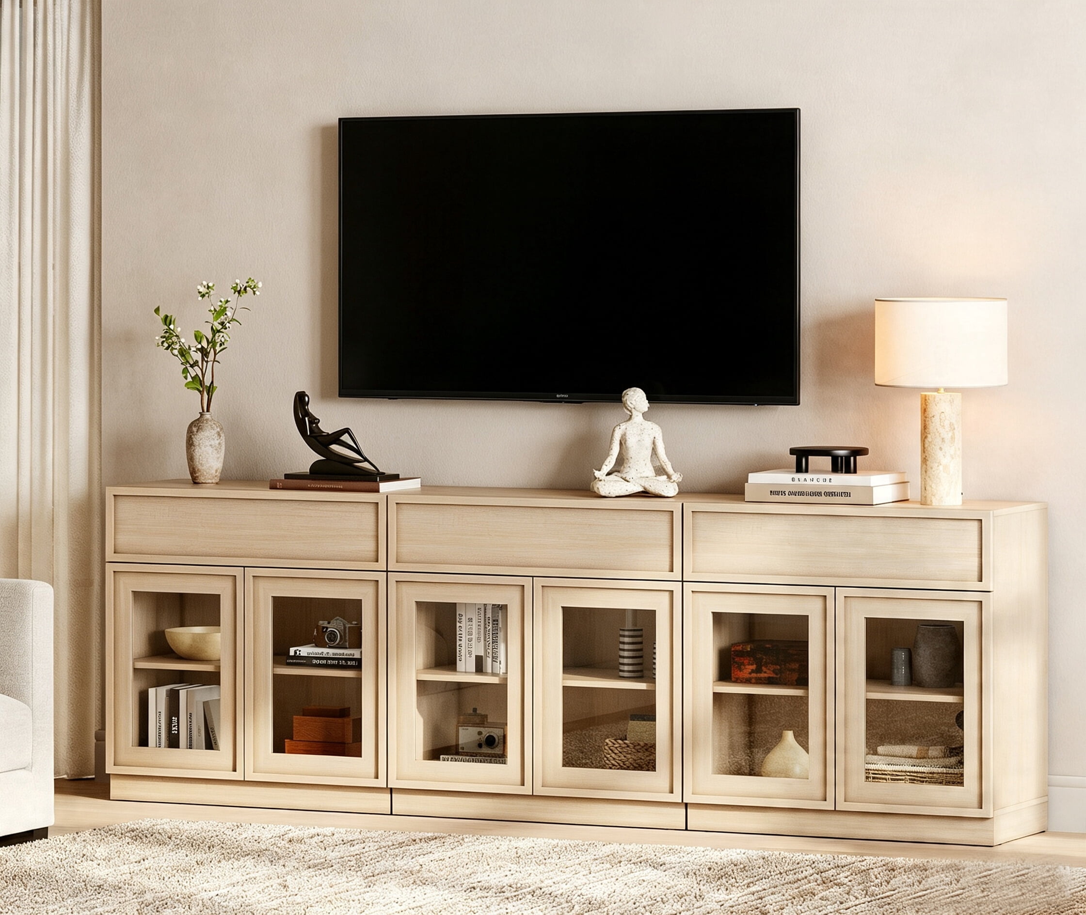 WAMPAT Modern TV Stand for TVs Up to 40", Wooden Entertainment Center TV Console with 6 Glass Doors and Drawers, Media Console Cabinet with Adjustable Shelf for Living Room, Bedroom, Beige