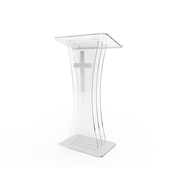 FixtureDisplays® Clear Acrylic Lucite Podium Pulpit Lectern with White Cross, 46' Tall, 10mm Plexiglass, Easy Assembly, Clear (1 Count)