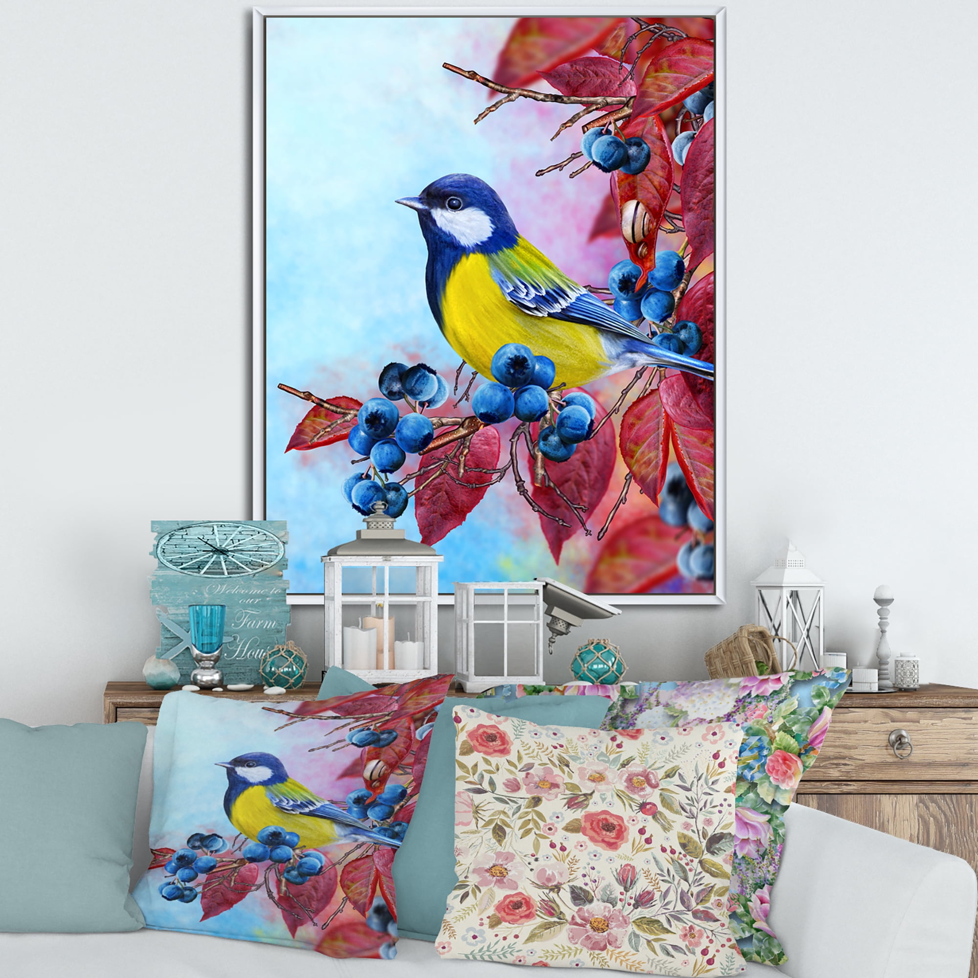 Designart 'Bright Bird Bullfinch Sitting On A Branch of Berries II' Traditional Framed Canvas Wall Art Print
