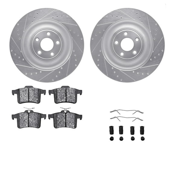 Dynamic Friction Company Rear Brake Rotors-Drilled and Slotted-Silver with 5000 Advanced Brake Pads includes Hardware 7512-20019