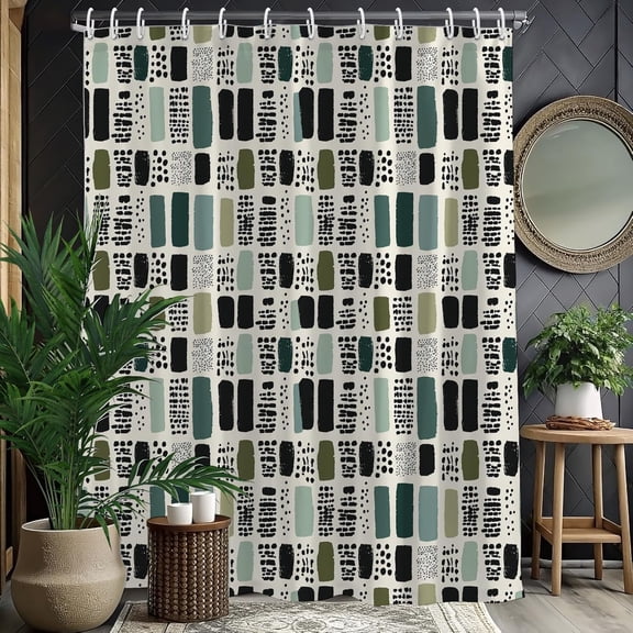Vintage Bohemian Sage Green Shower Curtain, Neutral Waterproof Polyester Fabric Bath Curtain with Hooks, Abstract Geometric Boho Bathroom Decor for Modern Home 72"W x 84"L (Pack of 1)