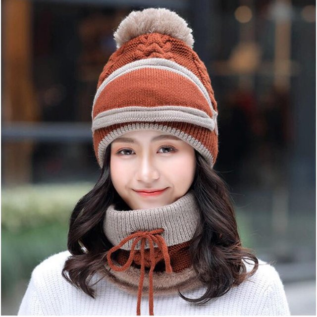 Gorro de mujer, gorro de lana cálido para invierno, gorro cálido y bonito para mujer, gorro tejido con protección para los oídos de tres piezas (color caramelo)
