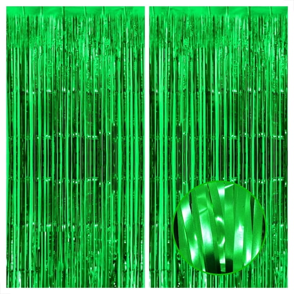 Green Streamers Party Decorations - 2 Pack 3.2 x 6.56 FT - Green Tinsel Foil Fringe Curtains Party Backdrop for Birthday Party Decorations