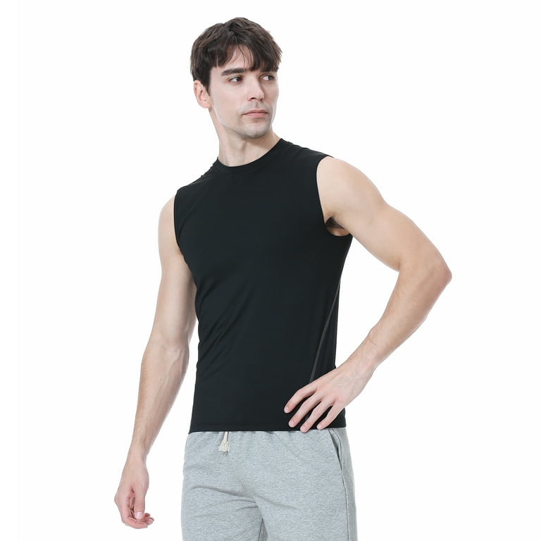 Mens Compression Sleeveless Base Layer, Athletic Workout T-Shirt-Black-M