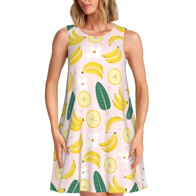Easygdp Banana With Leaves para Vestido Transpirable de Mujer, Vestido Suelto de Manga Corta con Pliegues y Bolsillos para el Verano