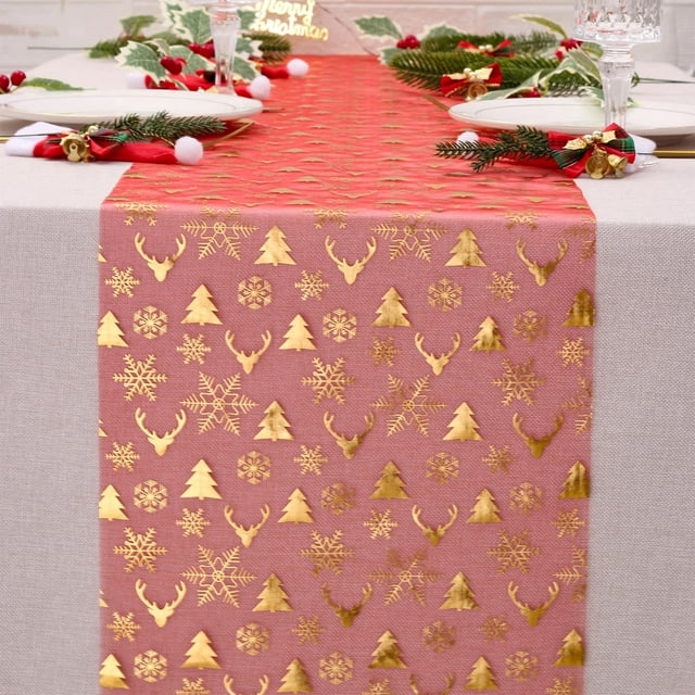 Christmas Table Runner with Trees Snowflake Elks Design Polyester Fabric Holiday Dining Decor for Party Gathering Festive Celebration