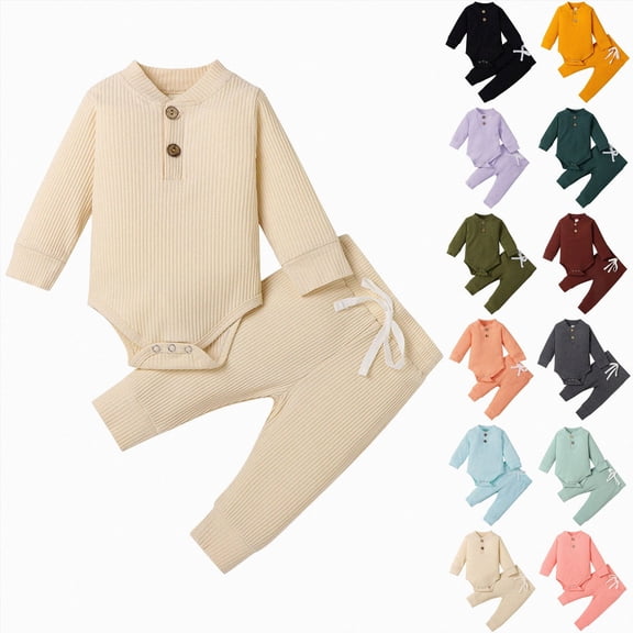 Nwiuh Newborn Baby Boy Girl Clothes Ribbed Knitted Cotton Long Sleeve Romper Long Pants Solid Color Fall Winter Outfits (Yellow, 0-3 Months)