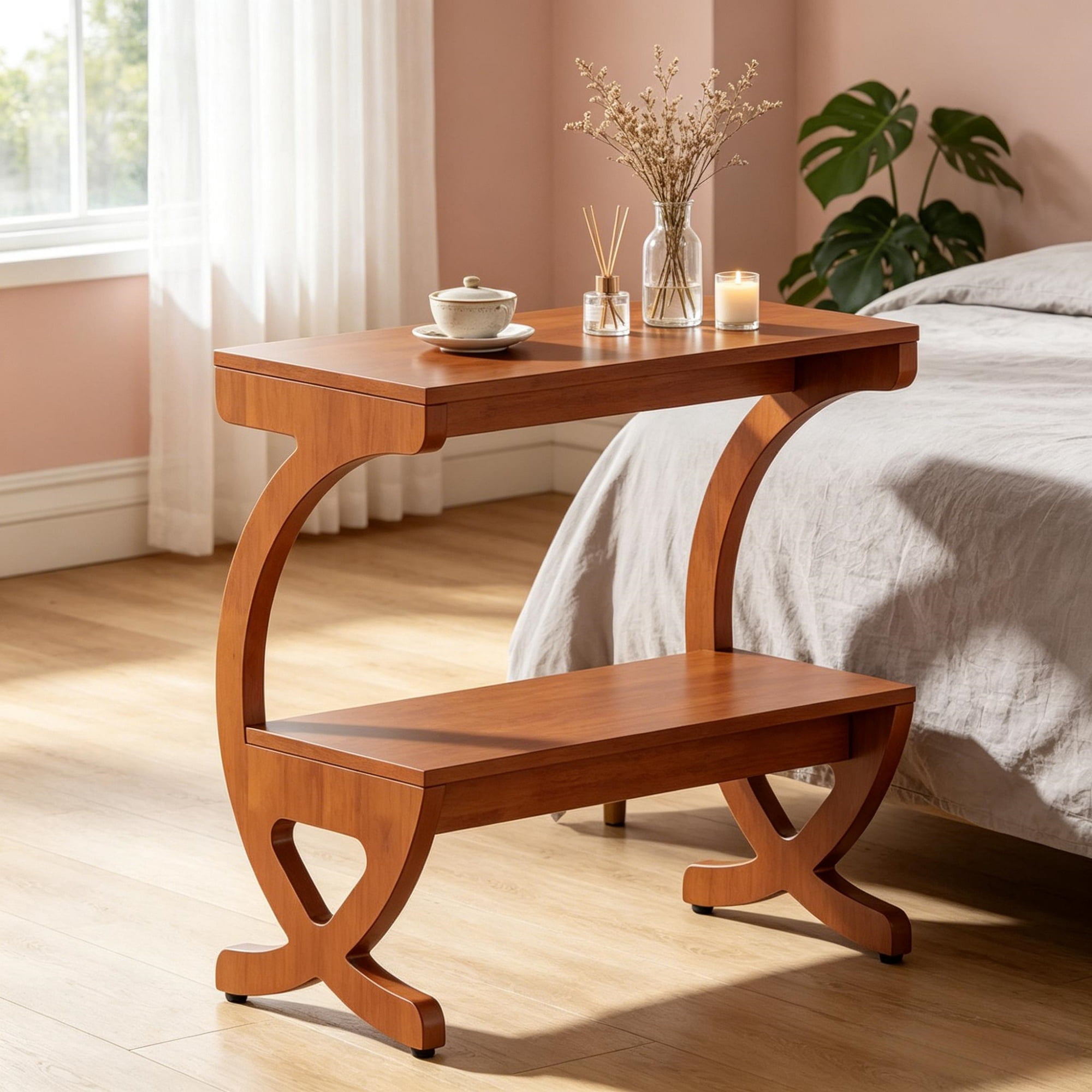 Solid Wood 2-Tier Narrow Side End Table, Slim Space Saving Sofa Side Nightstand with Open Storage Shelves, Stable Rubber Wood Frame Easy Assembly for Living Room Bedroom Entryway