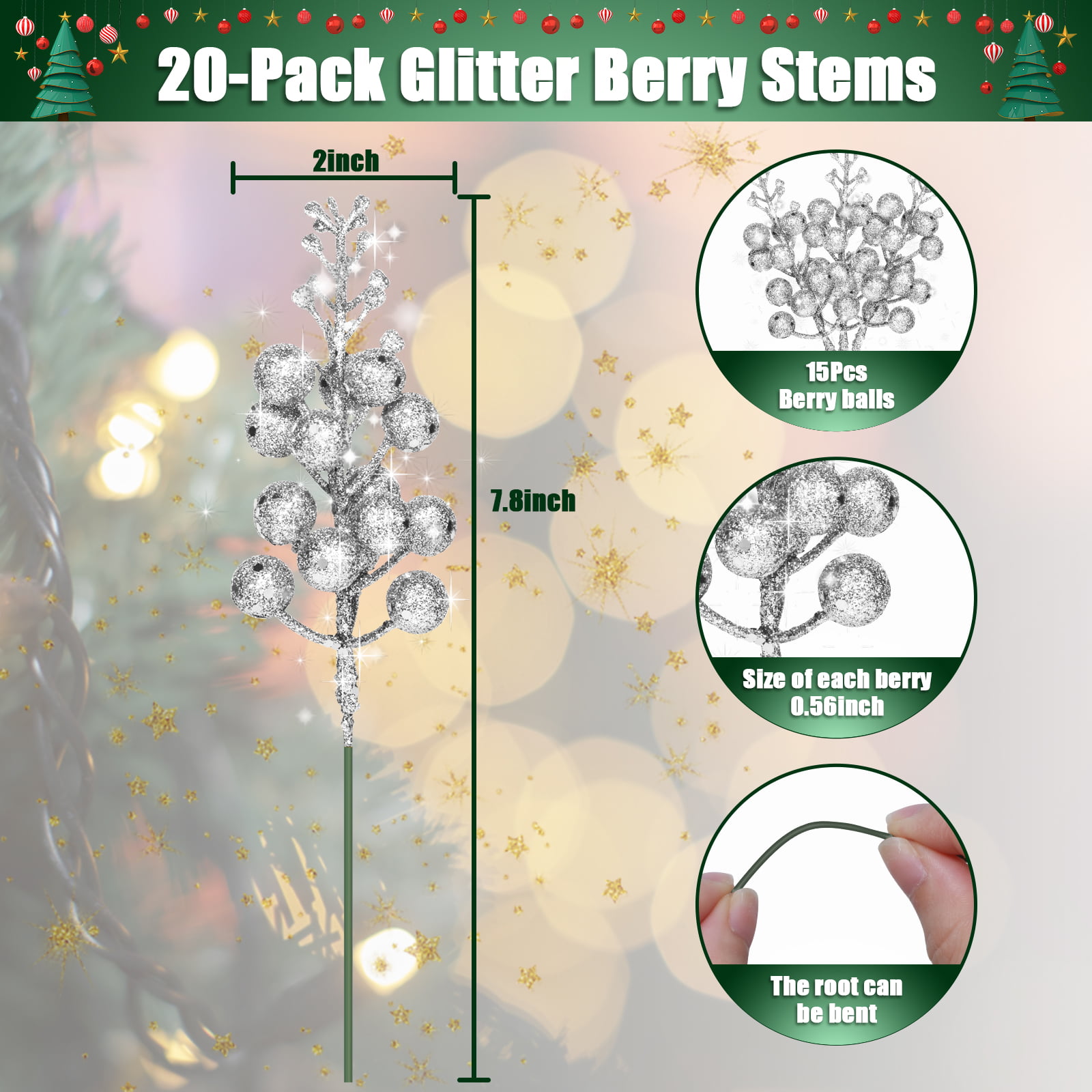 20Pcs 9Inch Artificial Glitter Berry Stems, Glitter Christmas Tree