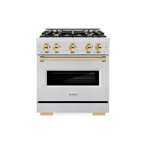 ZLINE Autograph Edition 30 in. 4.2 cu. ft. Classic Gas Range with 4 Burner Cooktop and Convection Gas Oven in DuraSnow Stainless Steel and Polished Gold Accents (CGRSZ-30-G)