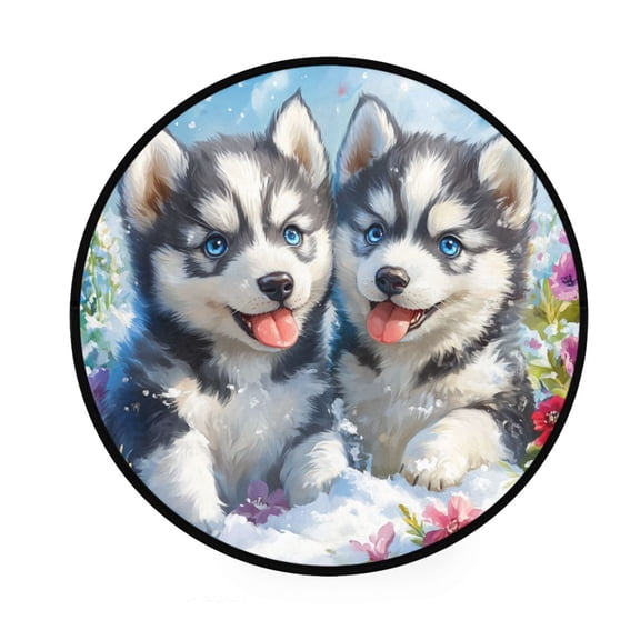 BZSMCE Round Decorative Floor Mat Huskies in Bloom Pattern 36.2IN