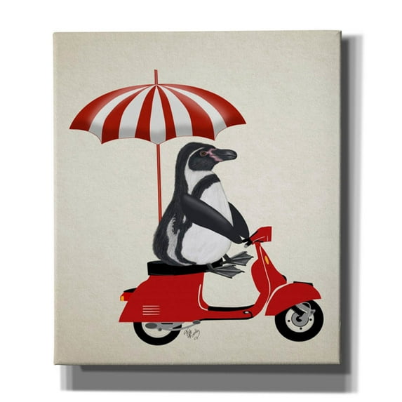 Epic Graffiti 'Penguin On Red Moped,' by Fab Funky, Canvas Wall Art, 26"x30"
