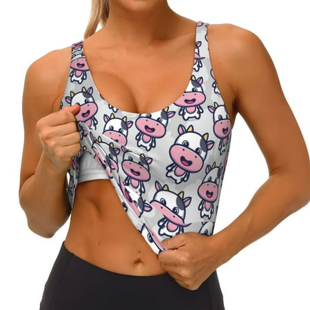 Qokaie Baby Cow Pattern Womens Scoop Neck Sports Bra Breathable Workout Vest Padded U Back Medium Impact Fitness Gym Yoga Bra Workout Crop Top