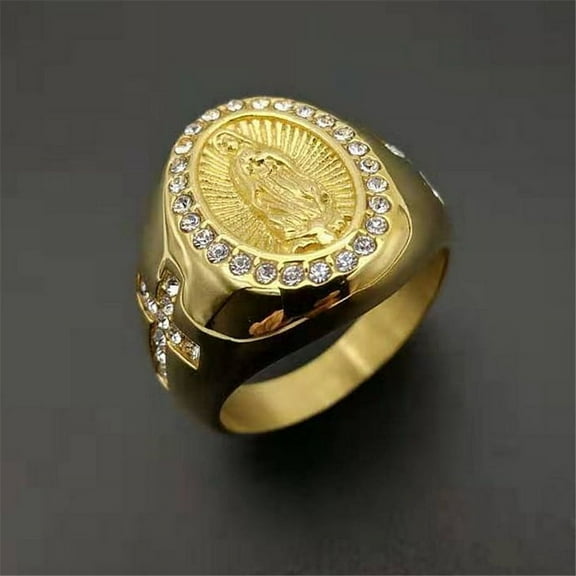 Hip Hop Iced Out Cubic Zirconia Virgin Mary Ring for Women 14K Yellow Gold Maria Female Jewelry Anel Aneis Mulher