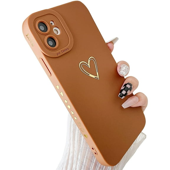 Compatible with iPhone 12 Mini Case for Women, Bronzing Luxury Heart Phone Case Cute Side Small Pattern Soft TPU Shockproof Full Camera Lens Protective Cover for iPhone 12 Mini (Brown)