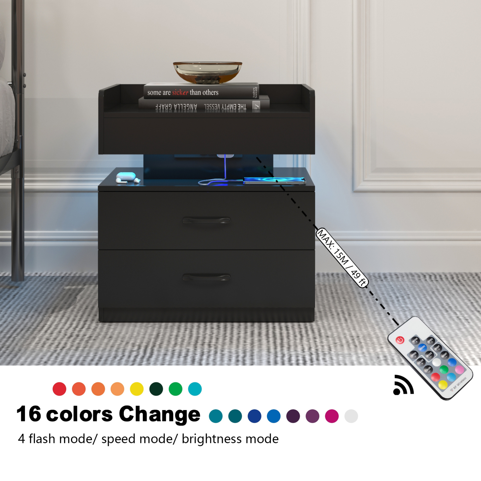 Leumius Nightstand with Adjustable LED & 2-Drawers,Modern Bedside Table, Coffee Table,Sofa Side Table,End Table for Bedroom Living Room,Black